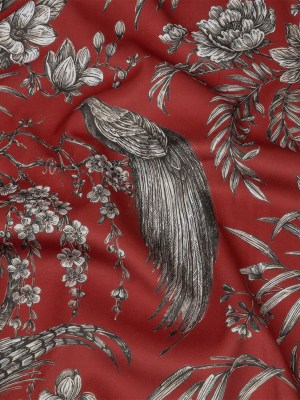 Polyester Microvelvet Print – Crimson Birds Perched in Paradise Florals – British Imported Polyester Microvelvet Print – Crimson Birds Perched in Paradise Florals – British Imported