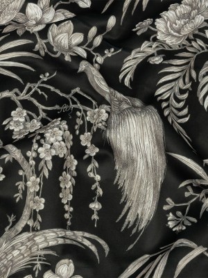 Polyester Microvelvet Print – Ebony Birds Perched in Paradise Florals – British Imported Polyester Microvelvet Print – Ebony Birds Perched in Paradise Florals – British Imported