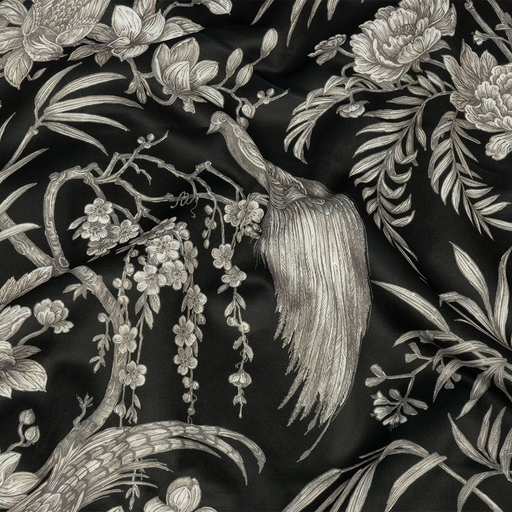 Polyester Microvelvet Print – Ebony Birds Perched in Paradise Florals – British Imported Polyester Microvelvet Print – Ebony Birds Perched in Paradise Florals – British Imported