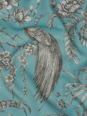 Polyester Microvelvet Print – Sky Birds Perched in Paradise Florals – British Imported Polyester Microvelvet Print – Sky Birds Perched in Paradise Florals – British Imported