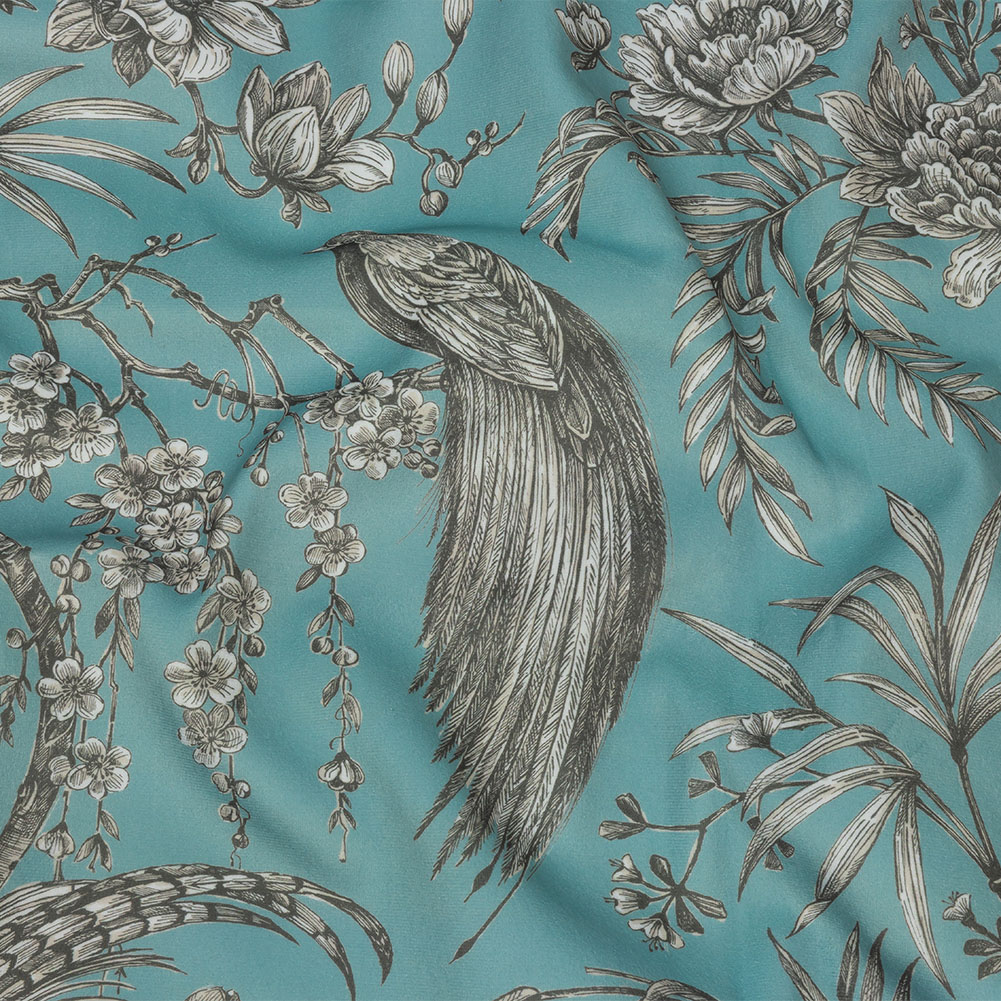 Polyester Microvelvet Print – Sky Birds Perched in Paradise Florals – British Imported Polyester Microvelvet Print – Sky Birds Perched in Paradise Florals – British Imported