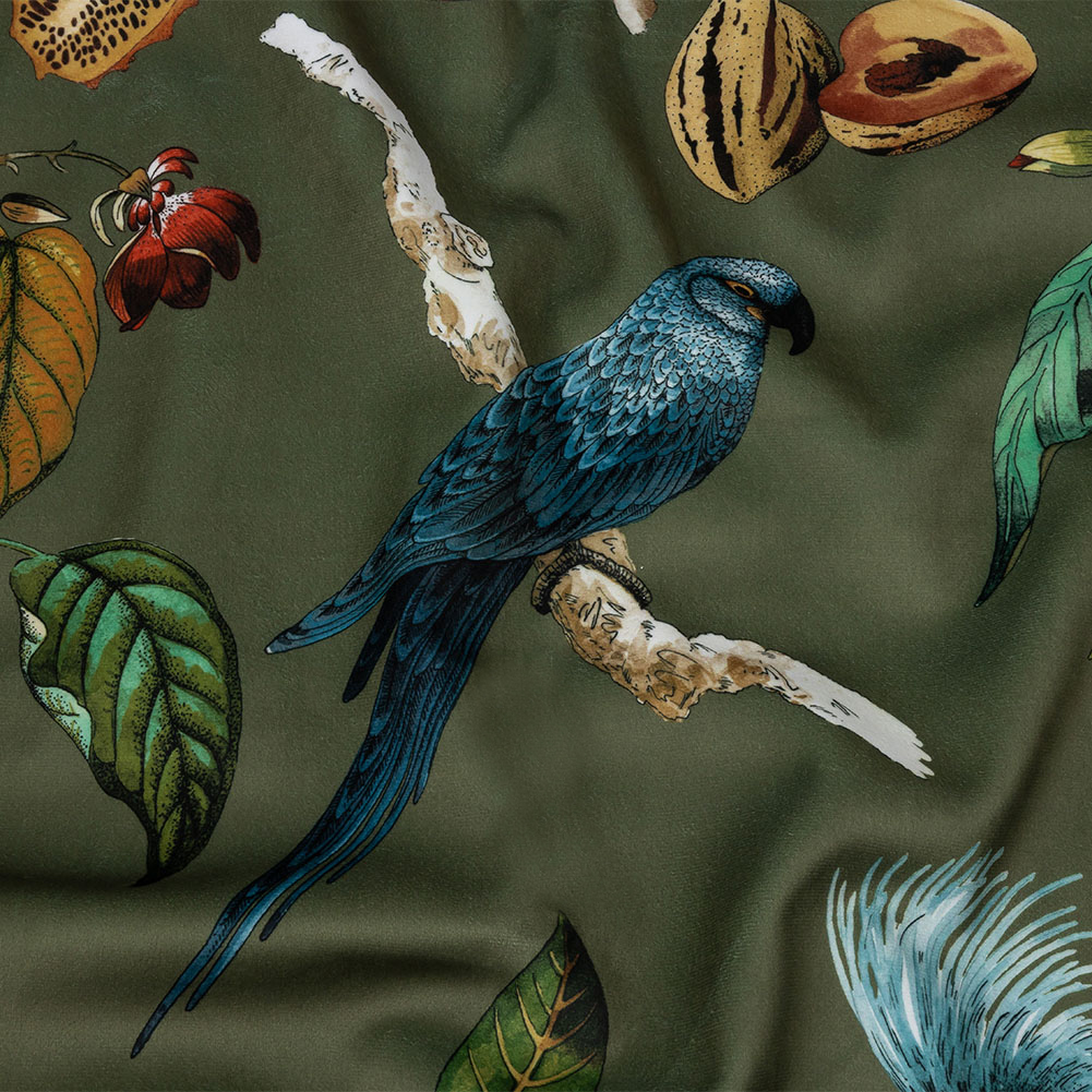 Polyester Microvelvet Print – Olive Fruits and Cockatoos – British Imported Polyester Microvelvet Print – Olive Fruits and Cockatoos – British Imported