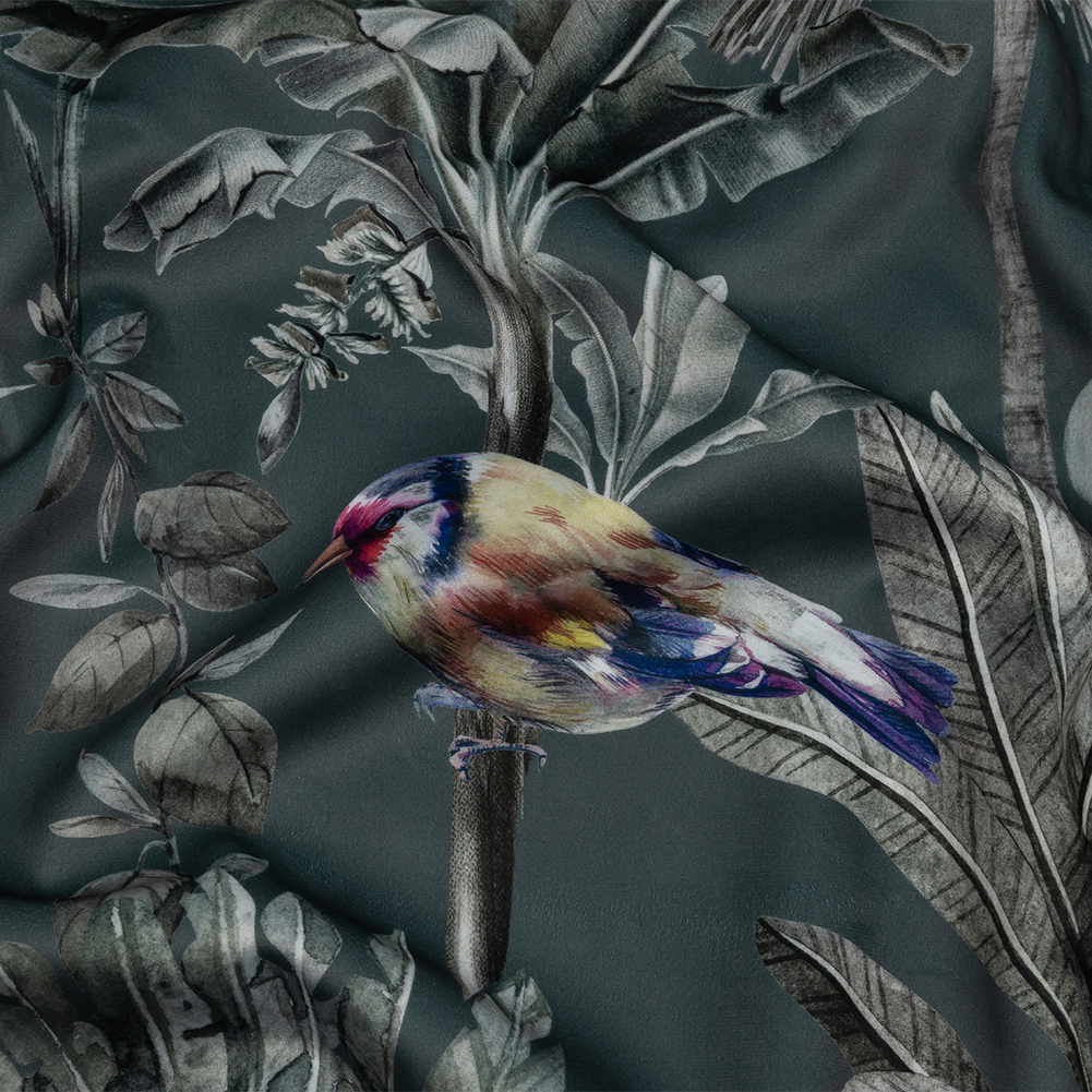 Polyester Microvelvet Print – Slate Tropical Birds and Butterflies – British Imported Polyester Microvelvet Print – Slate Tropical Birds and Butterflies – British Imported