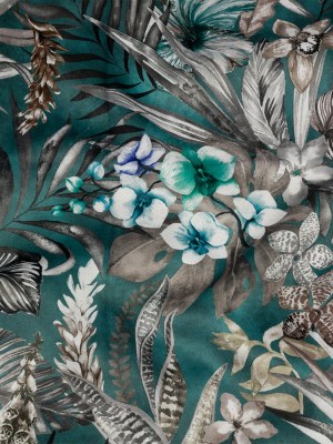 Polyester Microvelvet Print – Teal Tropical Florals – British Imported Polyester Microvelvet Print – Teal Tropical Florals – British Imported