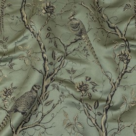 Drapery Jacquard – Ocean Perched Peacocks on Branches – British Imported Drapery Jacquard – Ocean Perched Peacocks on Branches – British Imported