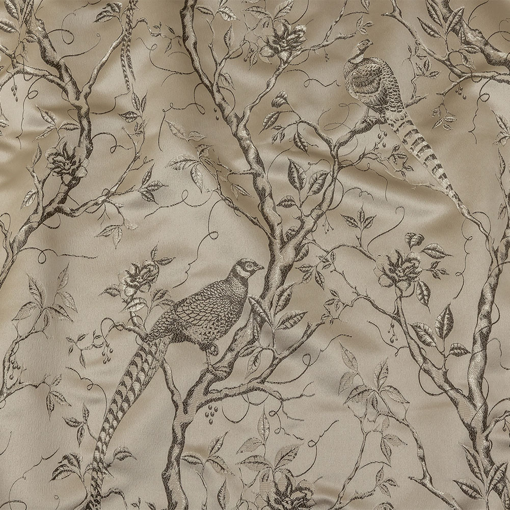 Drapery Jacquard – Oyster Perched Peacocks on Branches – British Imported Drapery Jacquard – Oyster Perched Peacocks on Branches – British Imported