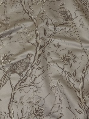 Drapery Jacquard – Silver Perched Peacocks on Branches – British Imported Drapery Jacquard – Silver Perched Peacocks on Branches – British Imported