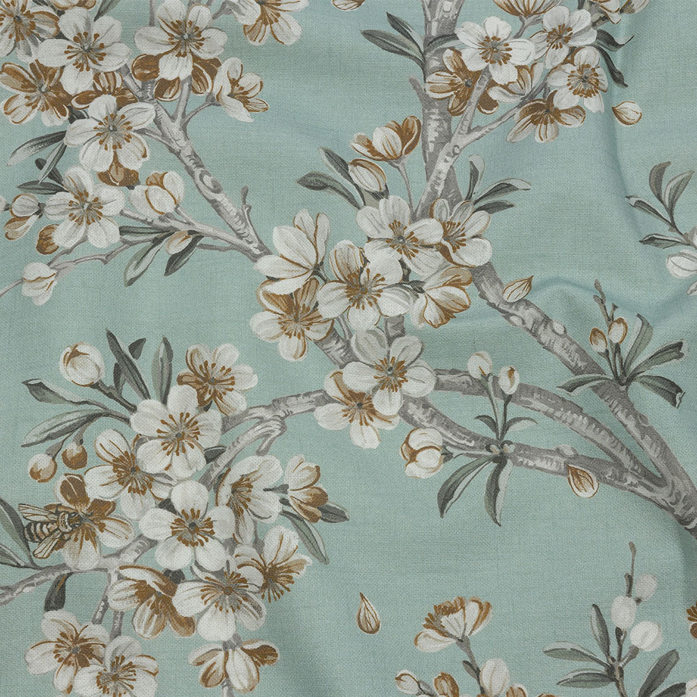 Cotton Canvas Print – Seafoam Blossoming Trees and Bees – British Imported Cotton Canvas Print – Seafoam Blossoming Trees and Bees – British Imported