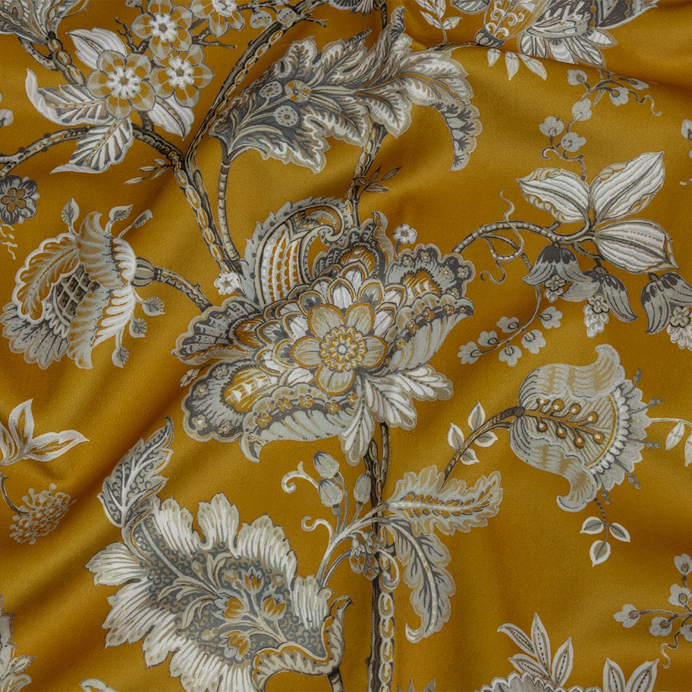 Polyester Microvelvet Print – Ochre Jacobean Floral – British Imported Polyester Microvelvet Print – Ochre Jacobean Floral – British Imported