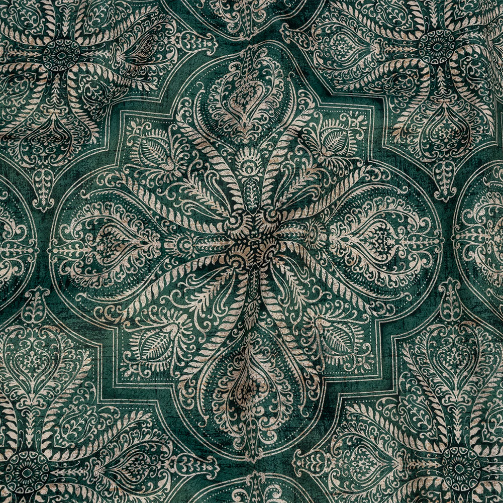 Printed Polyester Velvet – Emerald Ornate Leafy Tiles – British Imported Printed Polyester Velvet – Emerald Ornate Leafy Tiles – British Imported