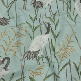 Cotton Canvas Print – Aqua Cranes in the Reeds – British Imported Cotton Canvas Print – Aqua Cranes in the Reeds – British Imported