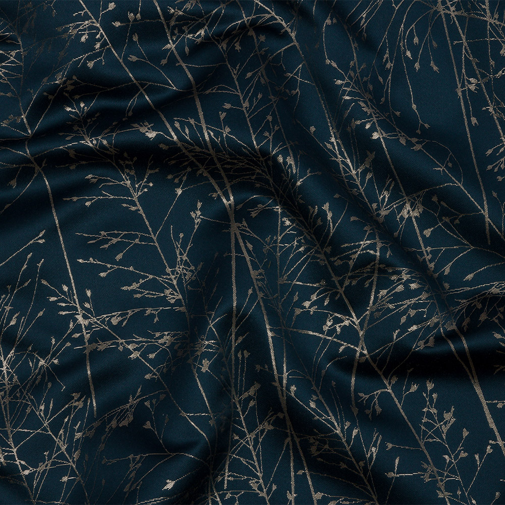 Metallic Satin-Faced Drapery Jacquard – French Navy Delicate Grasses – British Imported Metallic Satin-Faced Drapery Jacquard – French Navy Delicate Grasses – British Imported