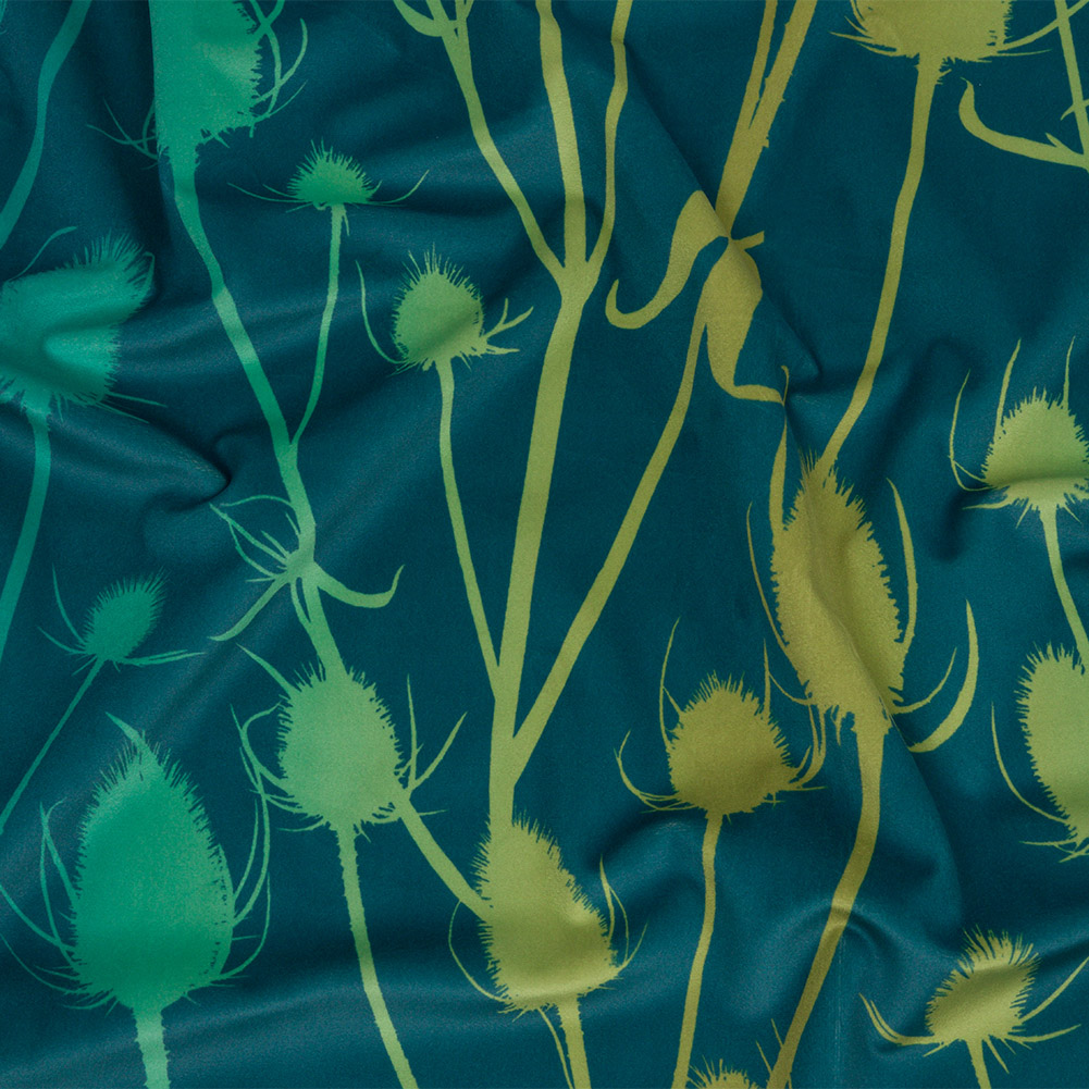 Printed Polyester Velvet – Peacock Thistle Stems – British Imported Printed Polyester Velvet – Peacock Thistle Stems – British Imported