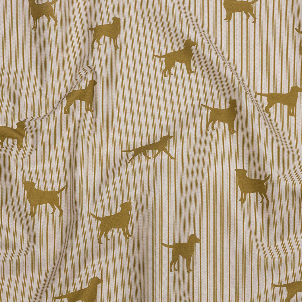 Cotton Canvas Print – Gold Dog Silhouettes and Ticking Stripes – British Imported Cotton Canvas Print – Gold Dog Silhouettes and Ticking Stripes – British Imported