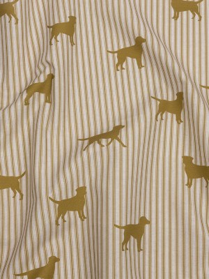 Cotton Canvas Print – Gold Dog Silhouettes and Ticking Stripes – British Imported Cotton Canvas Print – Gold Dog Silhouettes and Ticking Stripes – British Imported
