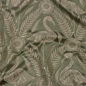 Metallic Drapery Jacquard – Sage Flamingos and Flowers – British Imported Metallic Drapery Jacquard – Sage Flamingos and Flowers – British Imported
