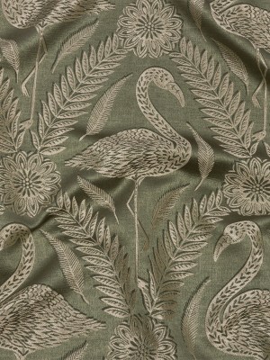 Metallic Drapery Jacquard – Sage Flamingos and Flowers – British Imported Metallic Drapery Jacquard – Sage Flamingos and Flowers – British Imported