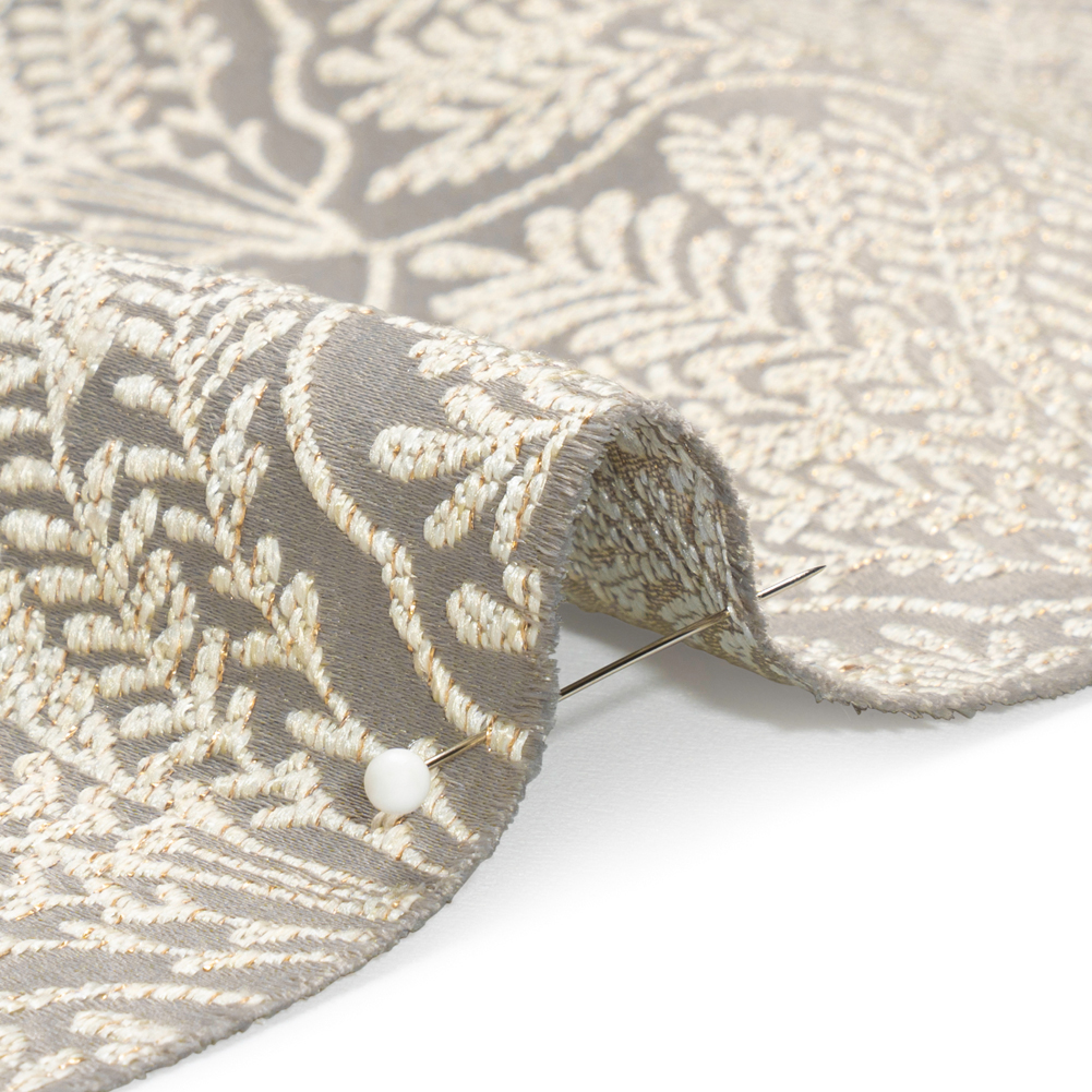 Metallic Drapery Jacquard – Dove Leafy Fans – British Imported Metallic Drapery Jacquard – Dove Leafy Fans – British Imported