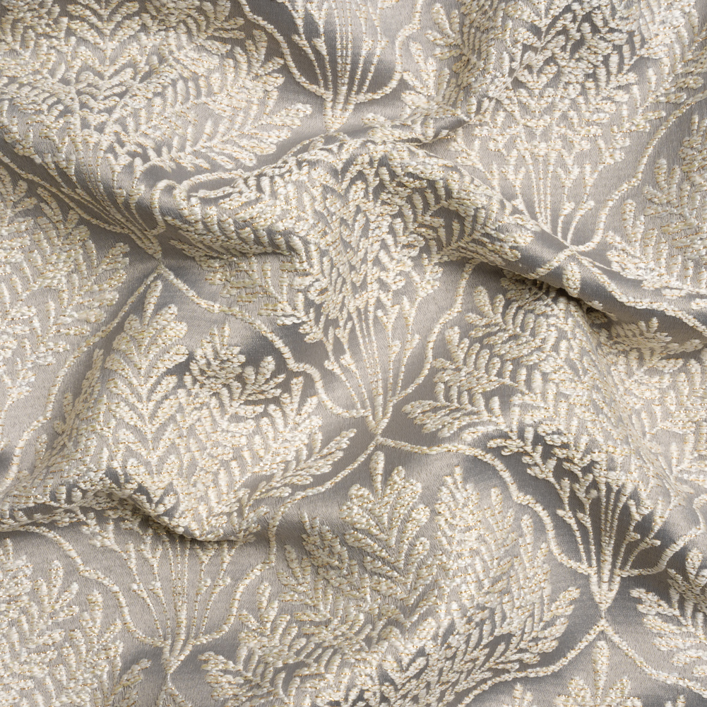 Metallic Drapery Jacquard – Dove Leafy Fans – British Imported Metallic Drapery Jacquard – Dove Leafy Fans – British Imported
