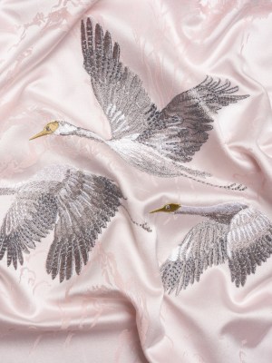 Embroidered Cotton and Polyester Drapery Jacquard – Blush Cranes in the Clouds – British Imported Embroidered Cotton and Polyester Drapery Jacquard – Blush Cranes in the Clouds – British Imported