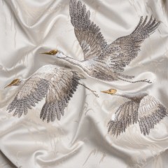 Embroidered Cotton and Polyester Drapery Jacquard – Pale Dove Cranes in the Clouds – British Imported Embroidered Cotton and Polyester Drapery Jacquard – Pale Dove Cranes in the Clouds – British Imported