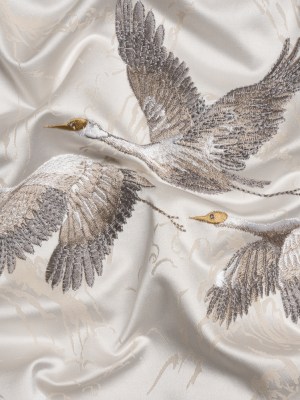 Embroidered Cotton and Polyester Drapery Jacquard – Pale Dove Cranes in the Clouds – British Imported Embroidered Cotton and Polyester Drapery Jacquard – Pale Dove Cranes in the Clouds – British Imported