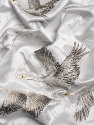 Embroidered Cotton and Polyester Drapery Jacquard – Silver Cranes in the Clouds – British Imported Embroidered Cotton and Polyester Drapery Jacquard – Silver Cranes in the Clouds – British Imported