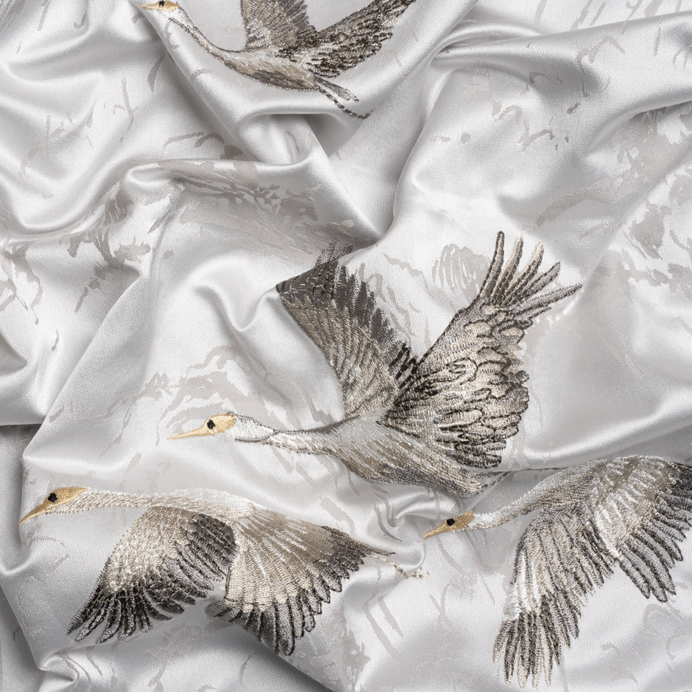 Embroidered Cotton and Polyester Drapery Jacquard – Silver Cranes in the Clouds – British Imported Embroidered Cotton and Polyester Drapery Jacquard – Silver Cranes in the Clouds – British Imported