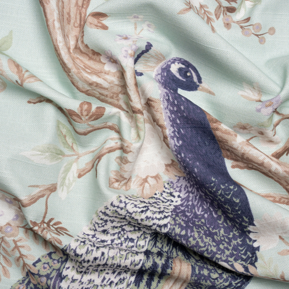 Cotton Canvas Print – Duckegg Peacocks in the Trees – British Imported Cotton Canvas Print – Duckegg Peacocks in the Trees – British Imported