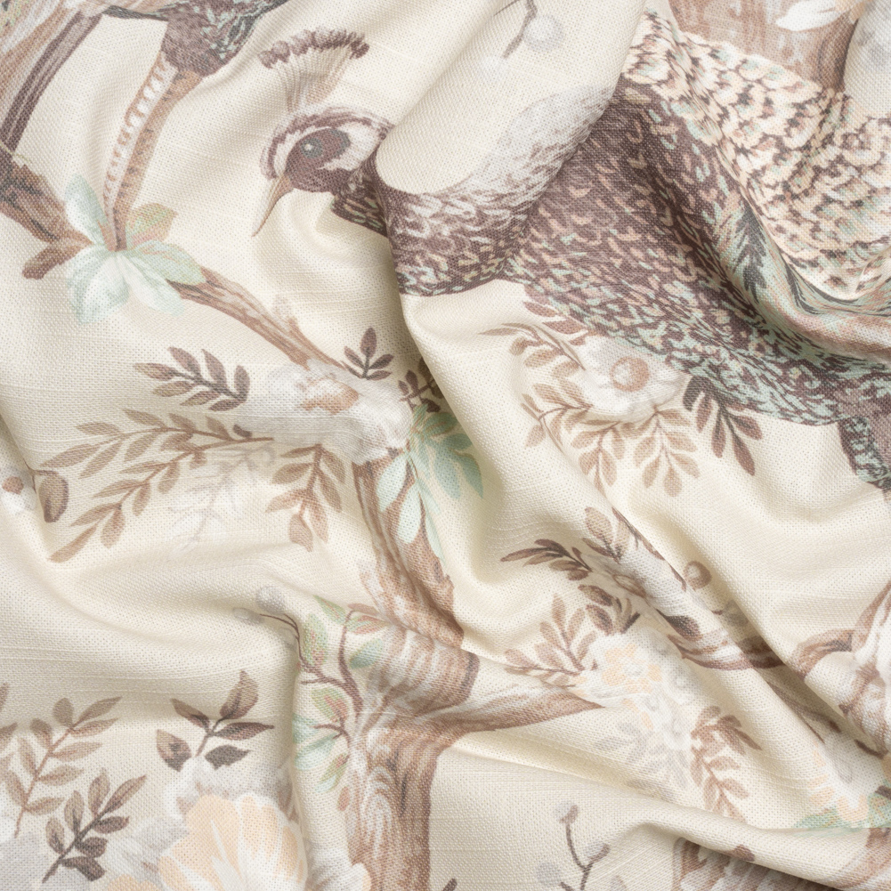 Cotton Canvas Print – Soft Truffle Peacocks in the Trees – British Imported Cotton Canvas Print – Soft Truffle Peacocks in the Trees – British Imported