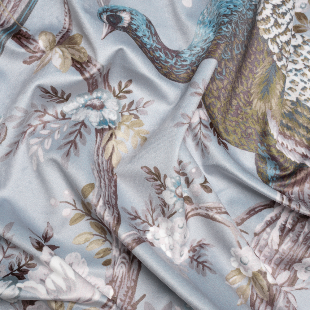 Polyester Microvelvet Print – Chalk Blue Peacocks in the Trees – British Imported Polyester Microvelvet Print – Chalk Blue Peacocks in the Trees – British Imported