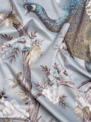 Polyester Microvelvet Print – Chalk Blue Peacocks in the Trees – British Imported Polyester Microvelvet Print – Chalk Blue Peacocks in the Trees – British Imported