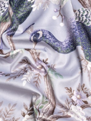 Polyester Microvelvet Print – Pale Iris Peacocks in the Trees – British Imported Polyester Microvelvet Print – Pale Iris Peacocks in the Trees – British Imported