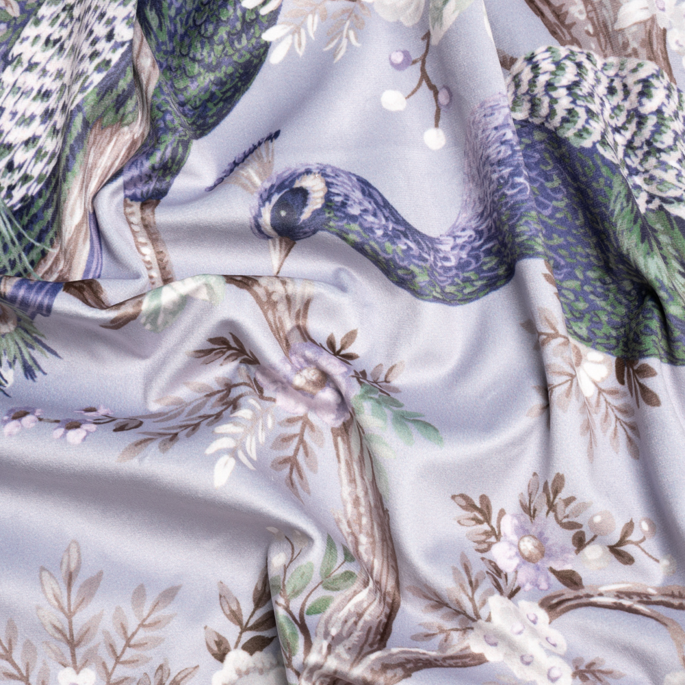 Polyester Microvelvet Print – Pale Iris Peacocks in the Trees – British Imported Polyester Microvelvet Print – Pale Iris Peacocks in the Trees – British Imported