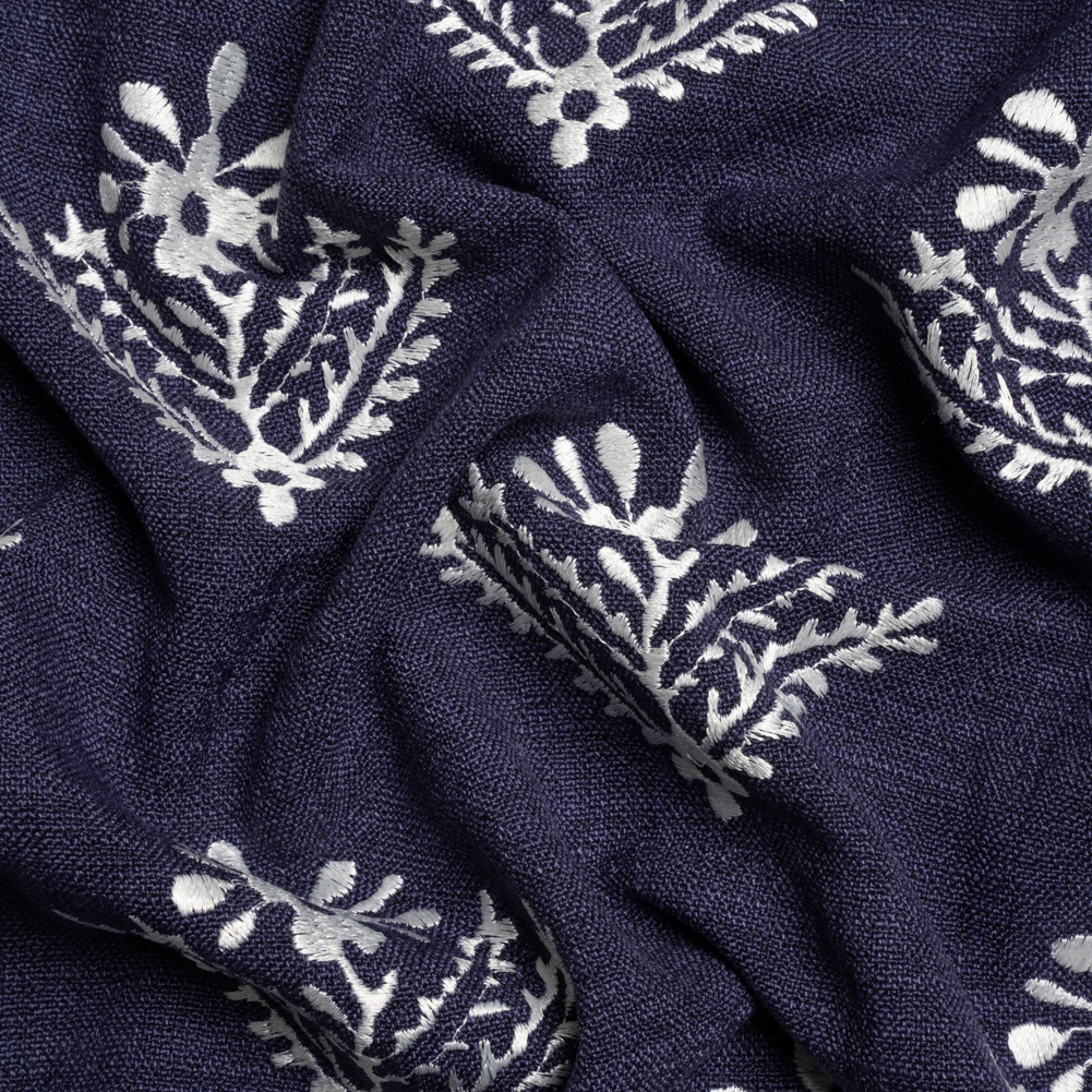 Embroidered Textured Drapery Woven – French Navy Flowering Ferns – British Imported Embroidered Textured Drapery Woven – French Navy Flowering Ferns – British Imported