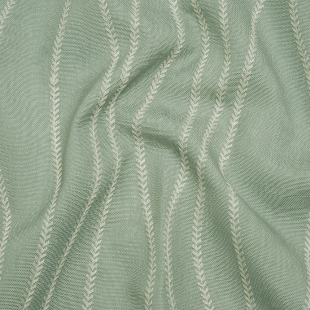 Embroidered Linen-Look Polyester Drapery Woven – Opal Leafy Wavy Lines and Watercolor Texture – British Imported Embroidered Linen-Look Polyester Drapery Woven – Opal Leafy Wavy Lines and Watercolor Texture – British Imported