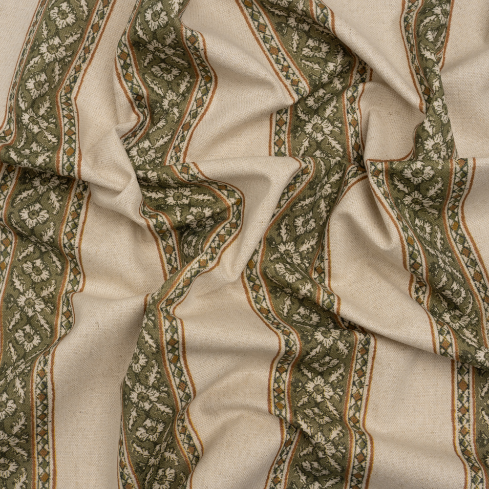 Brushed Cotton and Linen Canvas – Oregano Flowers and Diamonds Stripes – British Imported Brushed Cotton and Linen Canvas – Oregano Flowers and Diamonds Stripes – British Imported