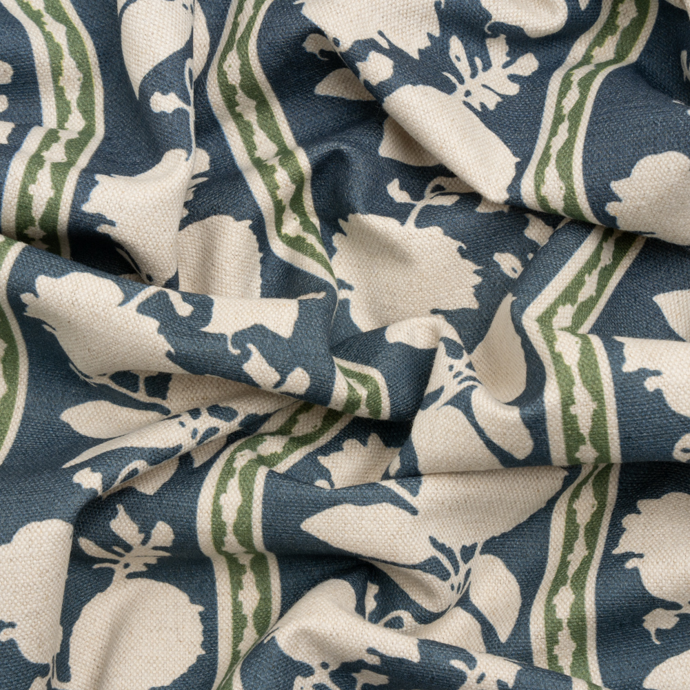 Brushed Cotton and Linen Canvas – Indigo Floral Silhouette Stripes – British Imported Brushed Cotton and Linen Canvas – Indigo Floral Silhouette Stripes – British Imported