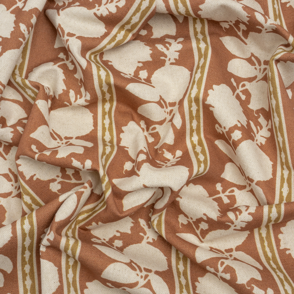 Brushed Cotton and Linen Canvas – Sienna Floral Silhouette Stripes – British Imported Brushed Cotton and Linen Canvas – Sienna Floral Silhouette Stripes – British Imported