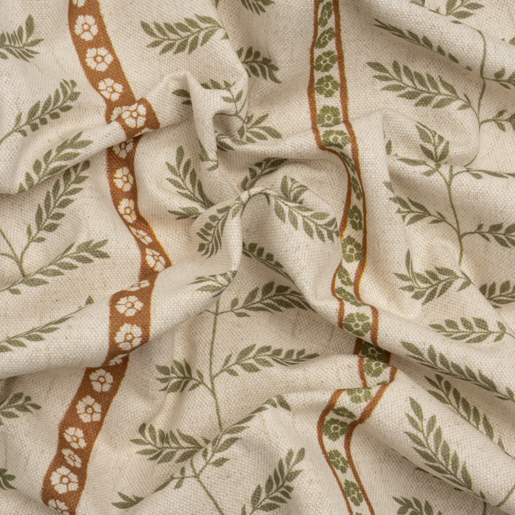 Brushed Cotton and Linen Canvas – Spice Fern Leaves and Flower Stripes – British Imported Brushed Cotton and Linen Canvas – Spice Fern Leaves and Flower Stripes – British Imported