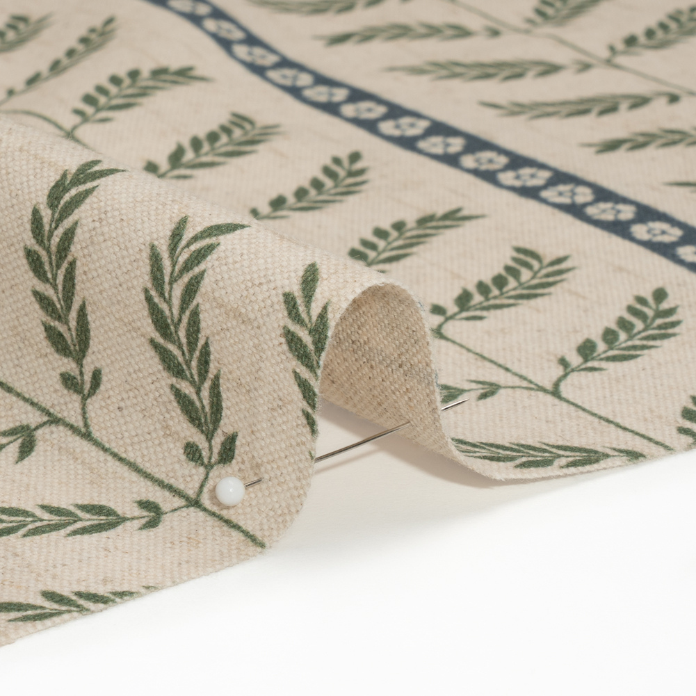Brushed Cotton and Linen Canvas – Thyme Fern Leaves and Flower Stripes – British Imported Brushed Cotton and Linen Canvas – Thyme Fern Leaves and Flower Stripes – British Imported
