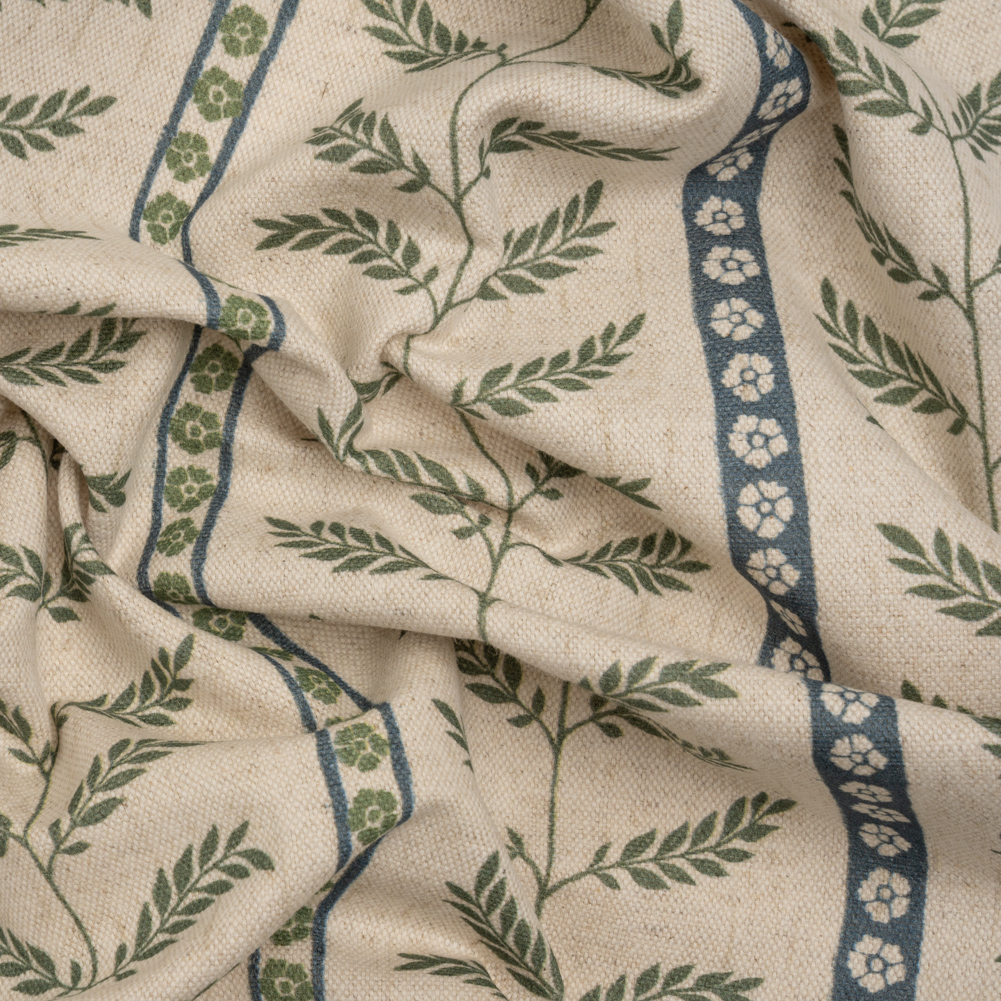 Brushed Cotton and Linen Canvas – Thyme Fern Leaves and Flower Stripes – British Imported Brushed Cotton and Linen Canvas – Thyme Fern Leaves and Flower Stripes – British Imported