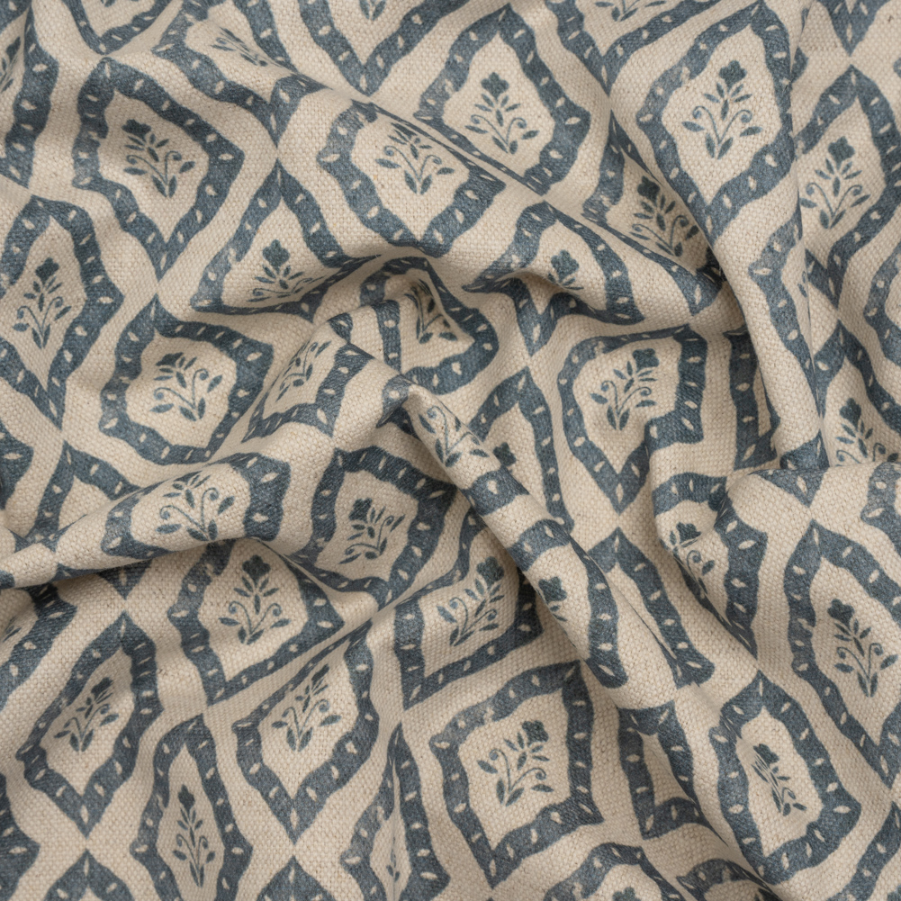 Brushed Cotton and Linen Canvas Print – Indigo Framed Floral – British Imported Brushed Cotton and Linen Canvas Print – Indigo Framed Floral – British Imported