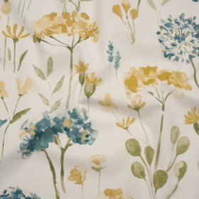Printed Cotton Canvas – Azure Watercolor Floral Stems – British Imported Printed Cotton Canvas – Azure Watercolor Floral Stems – British Imported