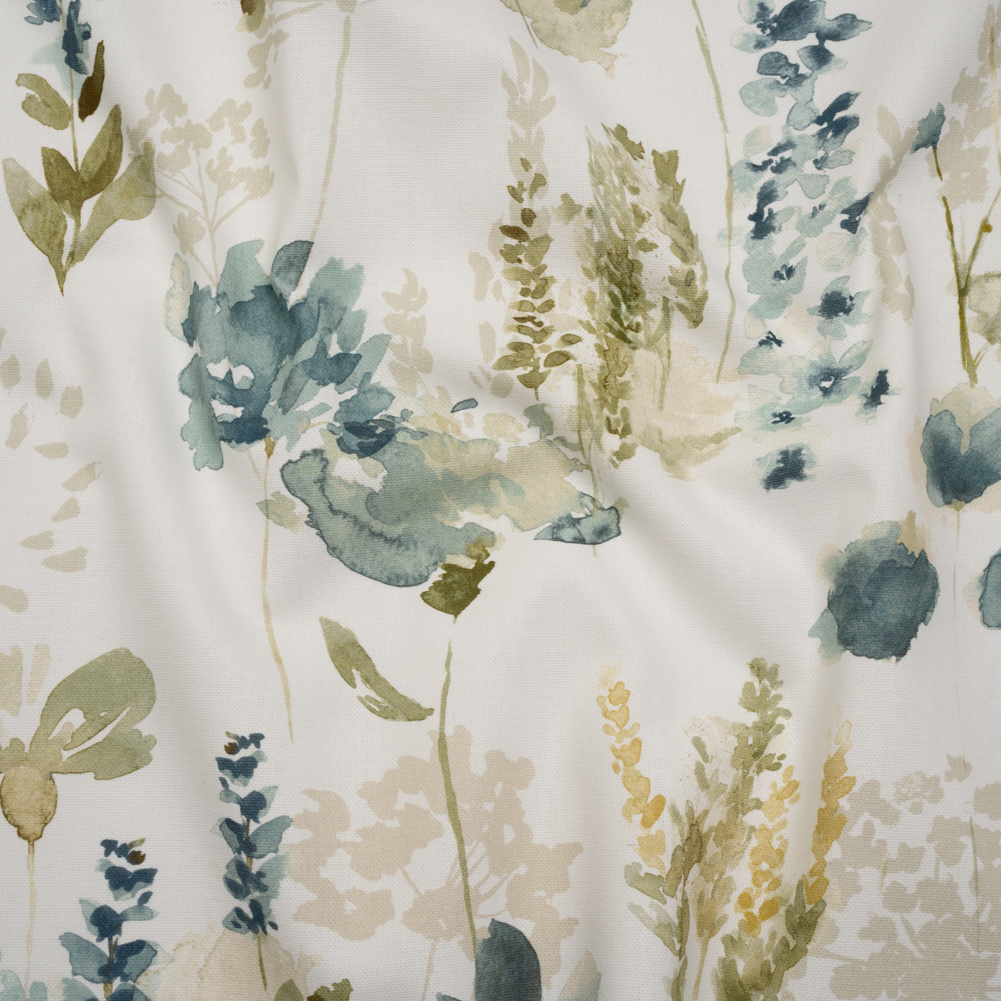 Printed Cotton Canvas – Azure Watercolor Blooms – British Imported Printed Cotton Canvas – Azure Watercolor Blooms – British Imported