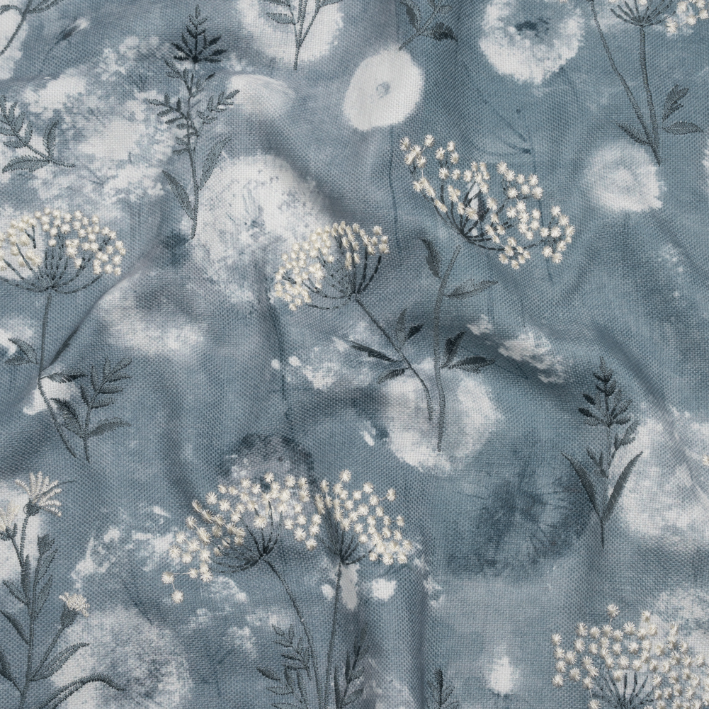 Cotton Canvas Print with Floral Embroidery – Denim Tie Dye Spots – British Imported Cotton Canvas Print with Floral Embroidery – Denim Tie Dye Spots – British Imported