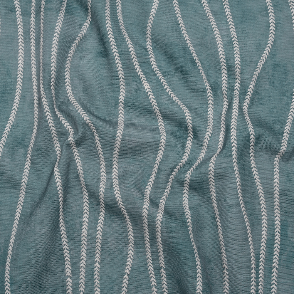 Embroidered Linen-Look Polyester Drapery Woven – Denim Leafy Wavy Lines and Watercolor Texture – British Imported Embroidered Linen-Look Polyester Drapery Woven – Denim Leafy Wavy Lines and Watercolor Texture – British Imported