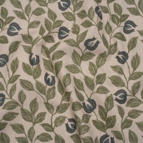 Printed Cotton Canvas – Moss Budding Flowers and Leaves – British Imported Printed Cotton Canvas – Moss Budding Flowers and Leaves – British Imported