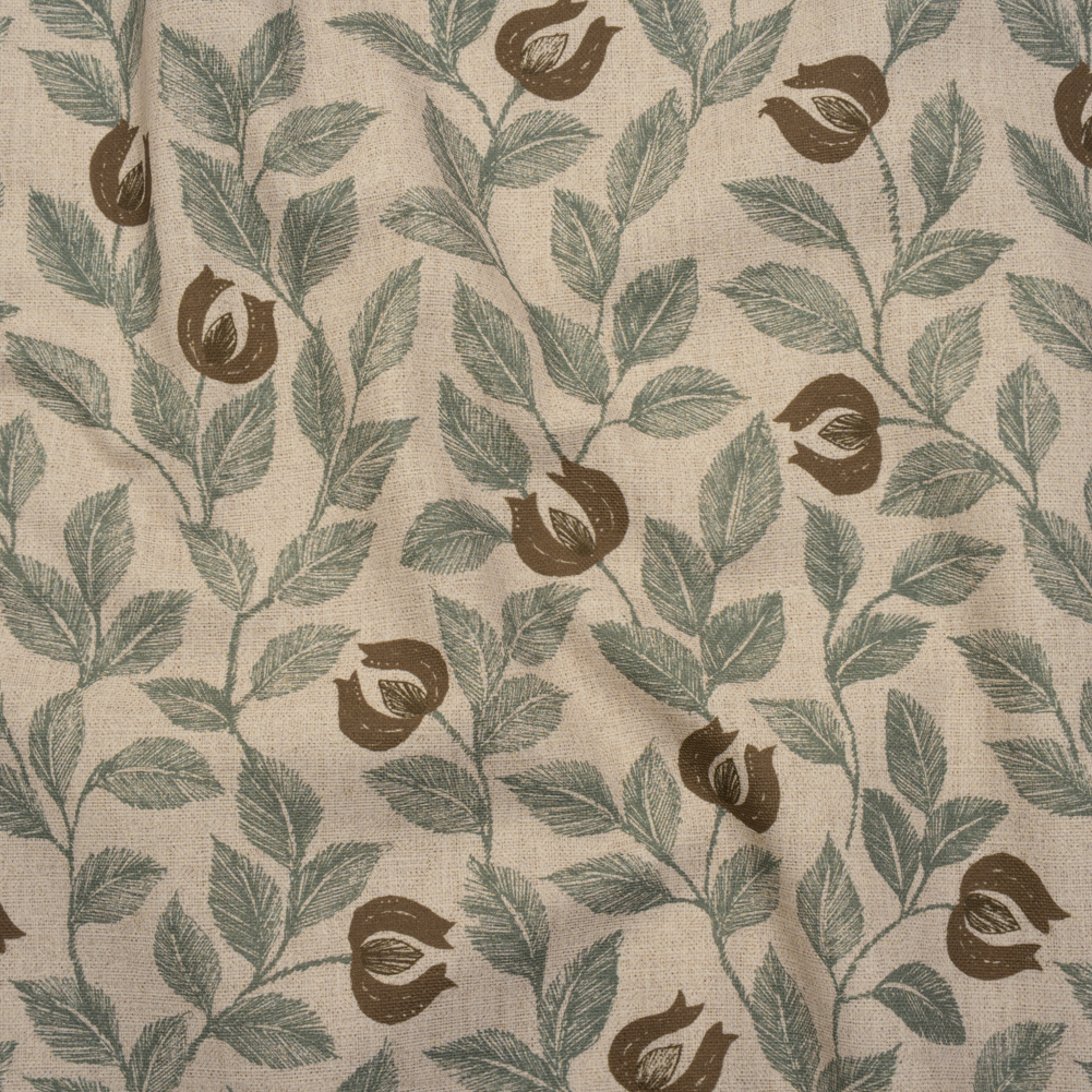 Printed Cotton Canvas – Sage Budding Flowers and Leaves – British Imported Printed Cotton Canvas – Sage Budding Flowers and Leaves – British Imported