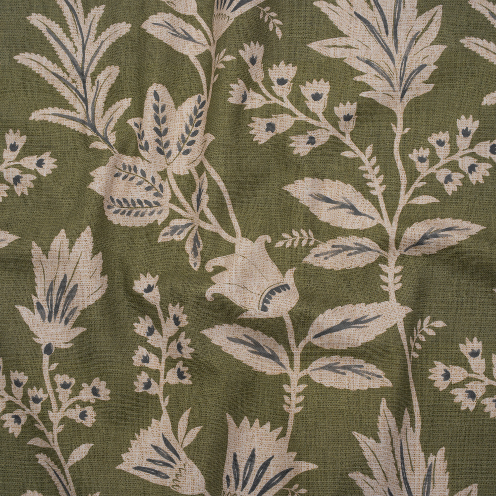 Printed Cotton Canvas – Moss Leafy Sprays and Little Flowers – British Imported Printed Cotton Canvas – Moss Leafy Sprays and Little Flowers – British Imported